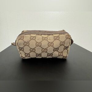 Gucci Beige and Brown Monogram GG Canvas Pouch Vintage with Leather Trim